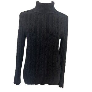 St John Bay Womens L  Black Cable Knit Cotton Nylon Turtle Neck Pullover Sweater